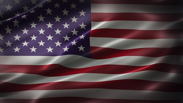 United States flag flapping in the wind, with a cinematic look and feel, and elegant silky texture. Full frame of satin texture in slow-motion waving. Front view of seamless loop-able CG animation.