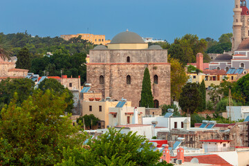 Scenic view of the historical part and the fort of Rhodes at sunset.