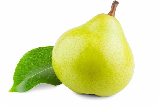A pear with a leaf, having a slim figure, is displayed on a white background.