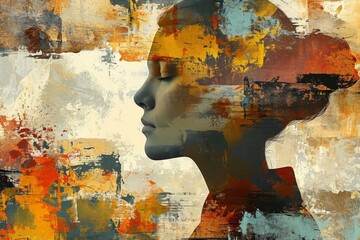 A painting portrays a woman with her eyes closed, rendered in abstract figurative art and expressive digital painting.