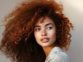 Fototapeta premium Vivacious Woman with Voluminous Auburn Curls. Generative AI.