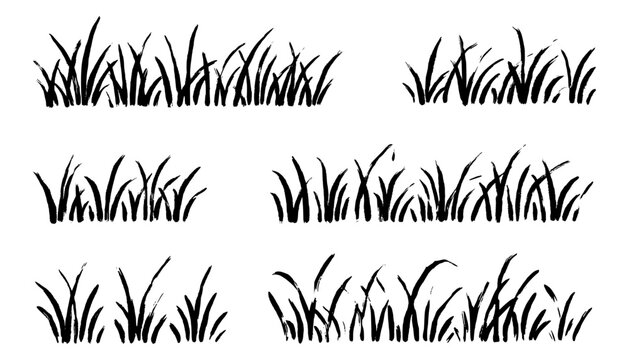 Grass doodle ink brush sketch set. Hand drawn vector grass field grunge texture brush background. Doodle herb, organic pattern elements. Vector illustration
