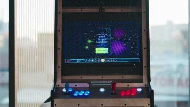 Static 4K Shot Retro Fun Arcade Video Came Cabinet Machine Blue Two Player Console Computer Custom Entertainment Classic Joystick Start Menu Game Over Monitor Control CRT Desk