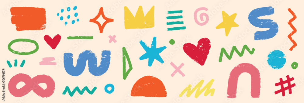 Aufkleber Abstract element shape set. Color graphic modern abstract sticker element. Doodle geometric collage star, crown, heart shape set. Hand drawn texture grunge sketch brush effect. Vector illustration