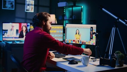 Photographer using phone on tripod to record explaining basic photography editing techniques for beginners, selling online course. Expert photo editor filming picture adjusting tutorial, panning shot