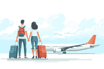Airplane flight concept. People with suitcase. Couple Boarding on plane. Travel characters boarding