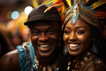 Fototapeta premium Pareja de amigos gozan con alegría el carnaval y las fiestas.