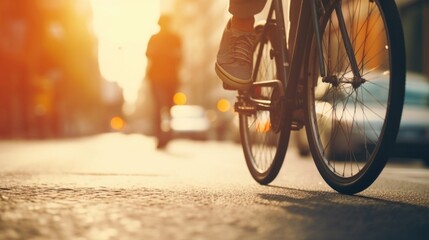 Detailed shot of a cyclists feet pedaling through the city streets on a busy bike commute. - obrazy, fototapety, plakaty