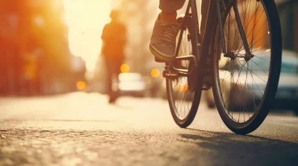 Fotobehang Detailed shot of a cyclists feet pedaling through the city streets on a busy bike commute. © Justlight