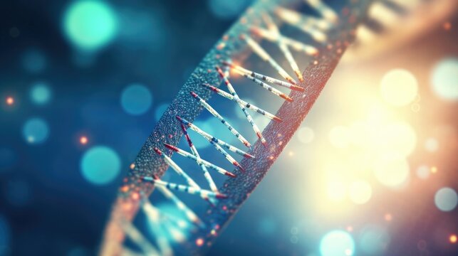 Closeup of a futuristic DNA strand graphic, representing the role of genetics in personalized healthcare.