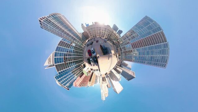 360 video of Downtown Chicago. Tripy tiny planet style. Hyperlapse on a rooftop