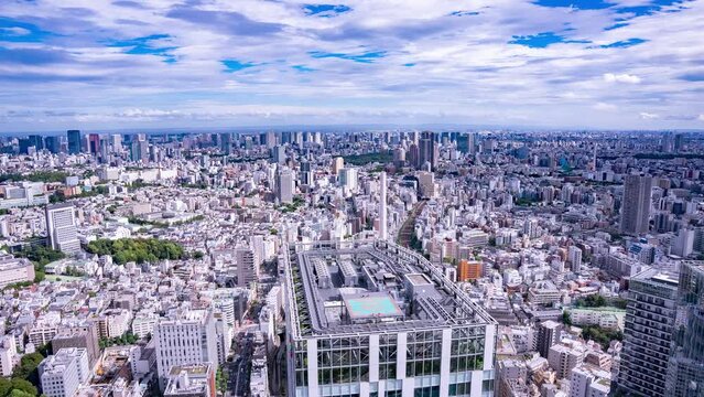 High wide TILT Time-Lapse Tokyo City Skyline Aerial View with Passing Clouds on a Vibrant Day
