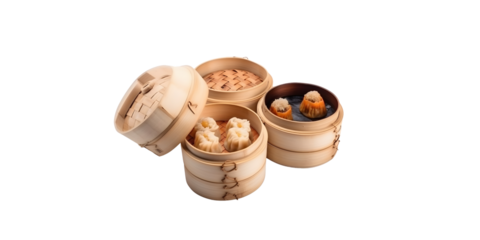 Prawn shrimp shaomai dim sum dumpling in bamboo steamer, Dim sum with shrimp on wooden plate on dark stone table macro close up