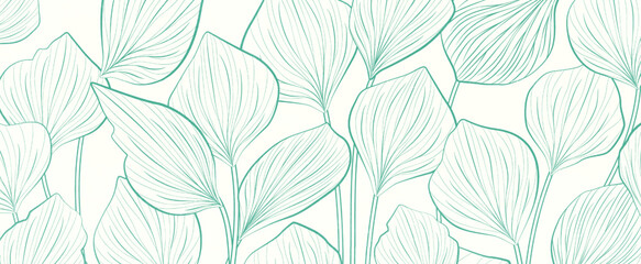 Botanical abstract art background with tropical leaves in green or blue line art style. Vector pattern of exotic plants for wallpaper, decor, print, textile, interior design. - obrazy, fototapety, plakaty