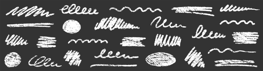 Chalk brush underline stroke set. Crayon marker highlight scribble stroke. Vector hand drawn brush underline element set for accent, crayon texture emphasis element. Rough chalk vector illustration