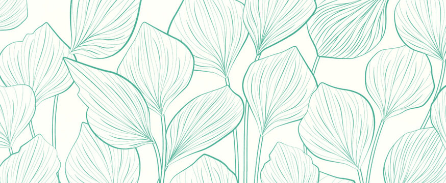 Botanical abstract art background with tropical leaves in green or blue line art style. Vector pattern of exotic plants for wallpaper, decor, print, textile, interior design.