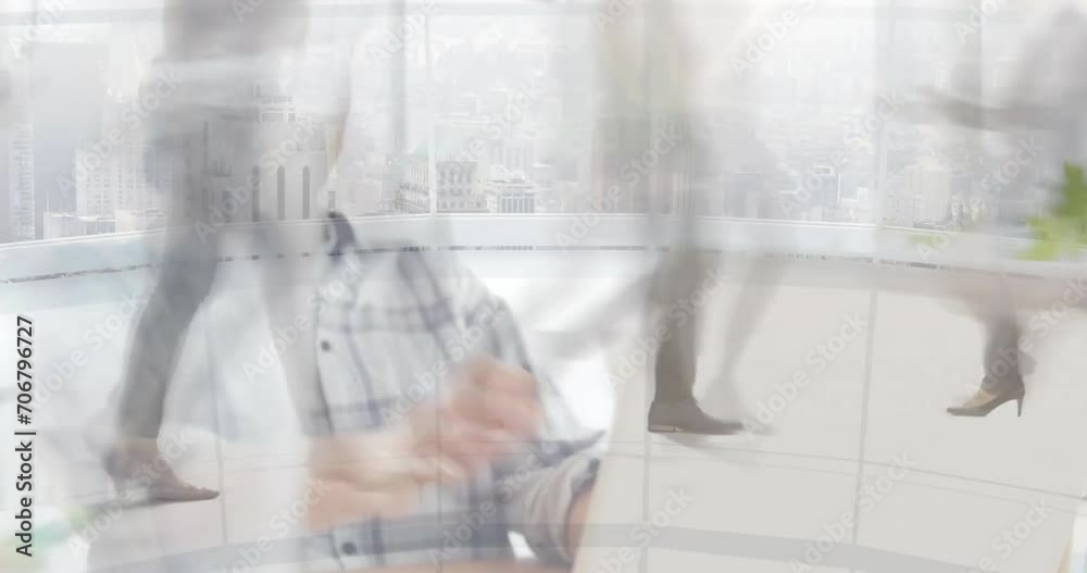 Wall mural Animation of busy people walking over caucasian businesswoman in office