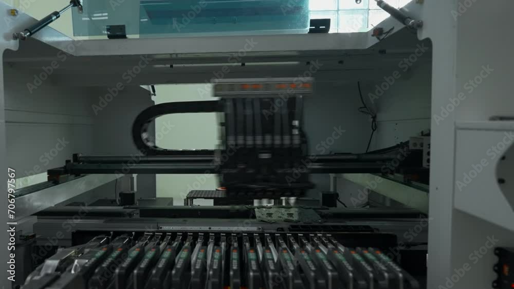 Poster automatic pick and place machine is installing components on circuit board. creative. assembly line 