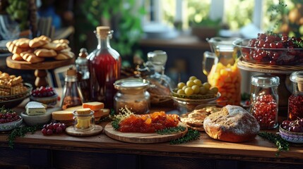 Fototapeta na wymiar Taste of Moravia - pernice, jams, cheese, biscuits, pickled mushrooms, vejmrda, pate, Moravian wine in handmade glass bowls and glassesPhotorealistic