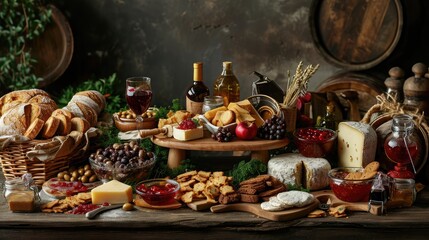 Obraz na płótnie Canvas Taste of Moravia - pernice, jams, cheese, biscuits, pickled mushrooms, vejmrda, pate, Moravian wine in handmade glass bowls and glassesPhotorealistic