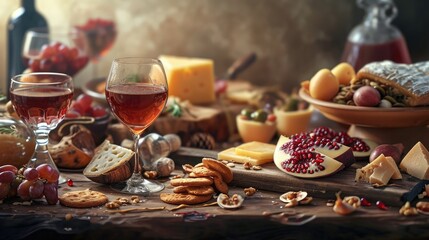 Taste of Moravia - pernice, jams, cheese, biscuits, pickled mushrooms, vejmrda, pate, Moravian wine in handmade glass bowls and glassesPhotorealistic