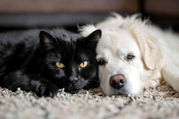 white dog and black cat looking at the camera lying together on the floor.AI generative
