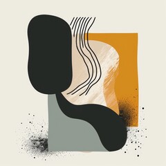 Modern Abstract Shapes with Squiggle Black Line Minimalist Digital Print Background created with Generative AI Technology	