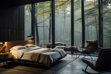 bedroom in a dark wood and glass brutalist modern home in the woods,
