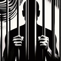silhouette of a prisoner behind bars. Man in prison, desperate criminal holding jail bars feeling regret for committing crime.  - obrazy, fototapety, plakaty