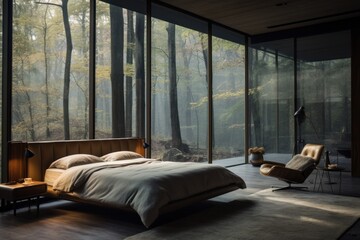 bedroom in a dark wood and glass brutalist modern home in the woods,