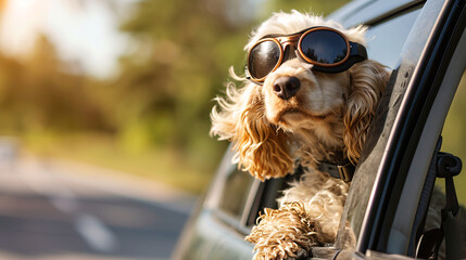 a cocker spaniel with aviator googles with his head out of the car on a sunny day. - obrazy, fototapety, plakaty