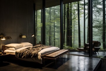 bedroom in a dark wood and glass brutalist modern home in the woods,