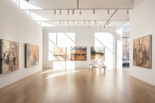 An art gallery with beautiful paintings displayed on  white walls 