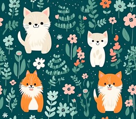 Fototapeta premium seamless pattern with cats and flowers