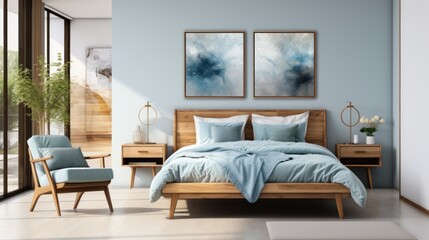 Obraz premium Blue pillows on white bed in bedroom interior with armchair