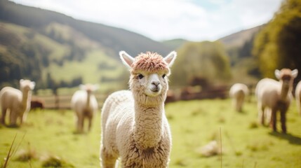 Fototapeta premium A verdant mountainside farm, home to a thriving community of woolly llamas and alpacas, providing the raw materials for cozy sweaters and blankets.