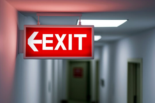 The Exit sign glowing in red shows the word EXIT to doorway. Generative AI.