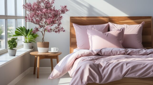 Violet pillows on violet bed in bedroom interior with ooden table and violet plant