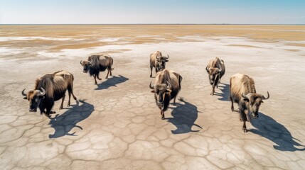 Drone view,A group of cows on a dry, cracked swamp. 