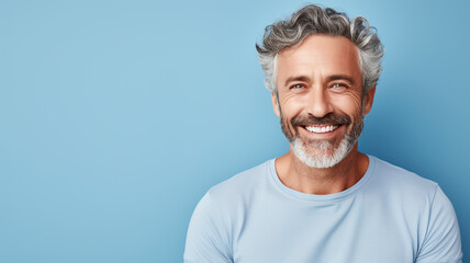 Happy smiling middle aged adult man on a solid background