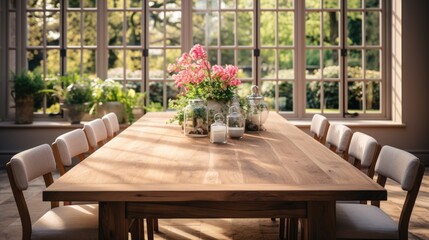 Fototapeta premium Bright and spacious dining area with large wooden table