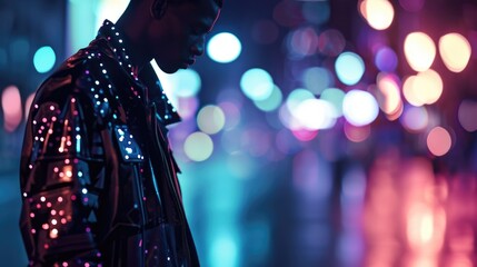 Nightlife ready Stand out in the dark with a jacket embellished with LED lights, a smart tshirt, and hightech sneakers that will have heads turning as you hit the town. - obrazy, fototapety, plakaty