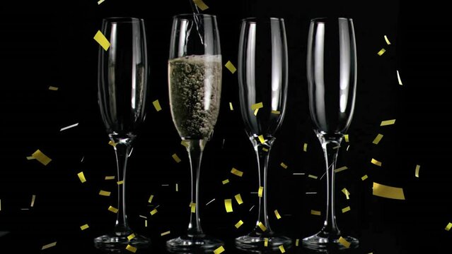 Animation of confetti falling over champagne glasses