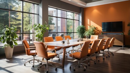 Fototapeta premium Meeting room interior. with orange chairs and a wooden conference table