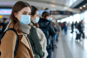 Fototapeta na wymiar people Traveling line up apart at Airport with Face Mask - Generative AI