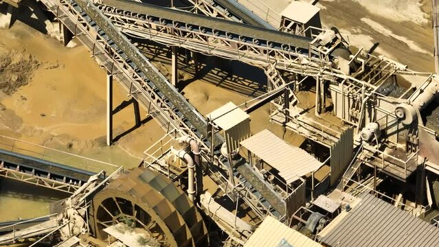 Aerial view of Stone sorting conveyor belt in  large Quarry 