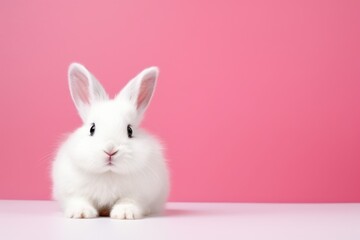 Naklejka na ściany i meble Cute white rabbit on pink background with copy space for text