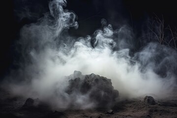 Defocused smoke on a dark Halloween background obscures foggy cement