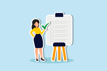 Self assessment, evaluate yourself for personal development or work improvement concept, woman giving check on checkbox in achievement list notepad paper.