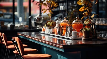 Coffee shop interior with accessories on table